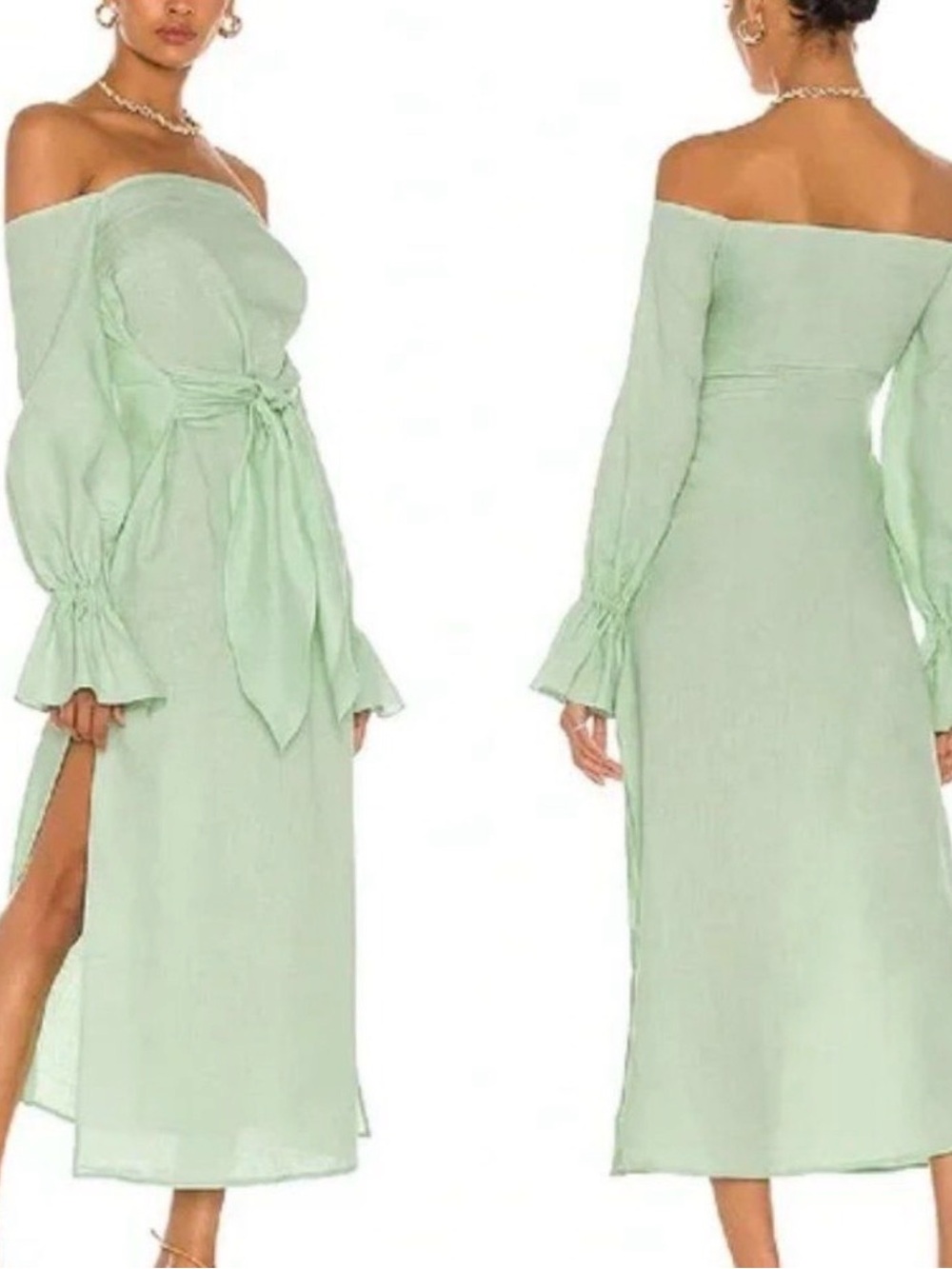 Off-Shoulder Sage Green selmaciek Midi Dress with Waist Tie